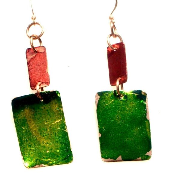 Green Red Geometric Pure Copper Handmade Earrings Abstract Hand Painted Drop - Picture 4 of 8